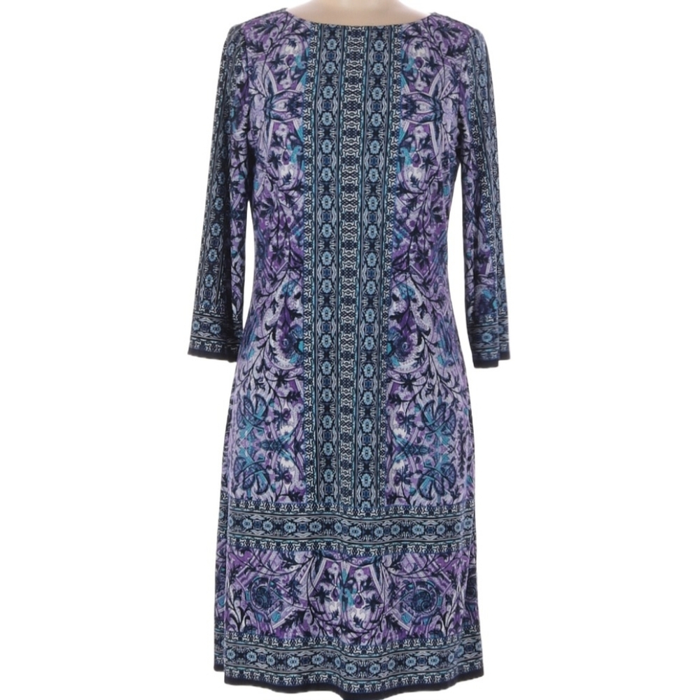 MAGGY LONDON ✨ Stunning Purple Paisley Border Print Jersey Shift Dress Size 8 ✨
